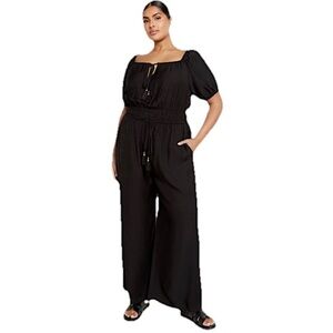 City Chic Erica Jumpsuit Wide Leg Tassel Ties Puff Sleeve Black XL / 22